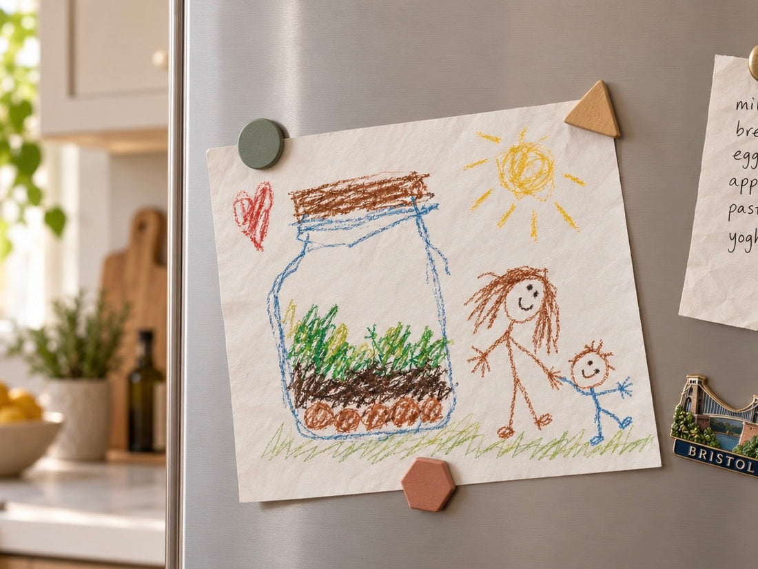 Child’s crayon drawing of a moss terrarium made with their mummy, displayed with magnets on a fridge in a modern family kitchen.