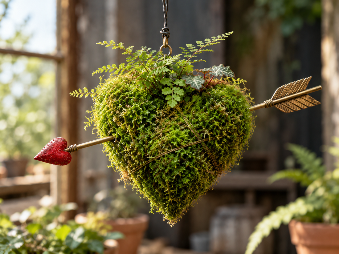 Photorealistic heart-shaped kokedama covered in fresh green moss and ferns, hanging from wire and pierced by a Cupid-style arrow.