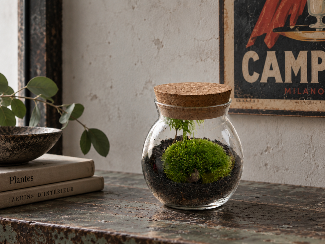 Glass moss terrarium with cork lid on a vintage industrial tabletop, styled with old botanical books, greenery and a retro Italian poster.