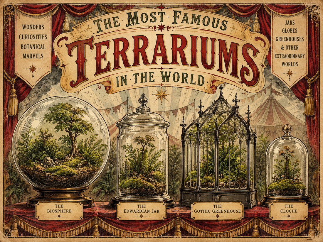 Victorian circus-style illustrated poster featuring famous terrariums, including a biosphere, Edwardian glass jar, Gothic greenhouse and glass cloche filled with moss and plants.