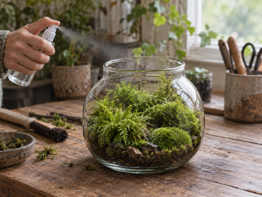 Hand gently misting live feather and cushion moss in a clear glass terrarium on an aged wooden workbench.