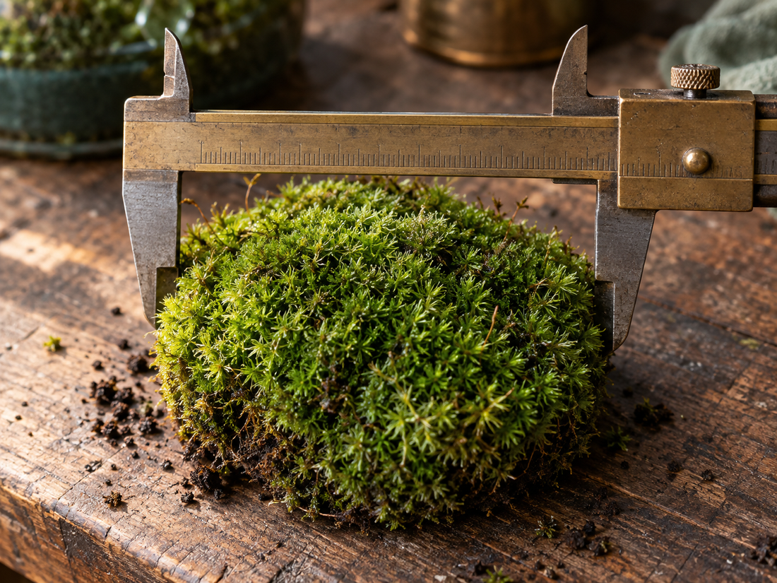 Live cushion moss being measured with a vintage brass and steel vernier caliper on an aged wooden workbench