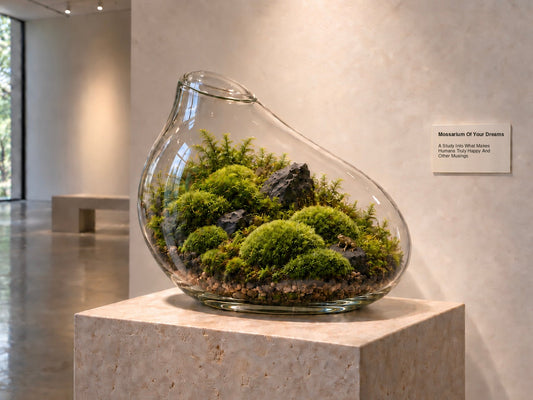 Sculptural glass mossarium filled with live cushion and feather moss on a stone plinth in a minimalist gallery