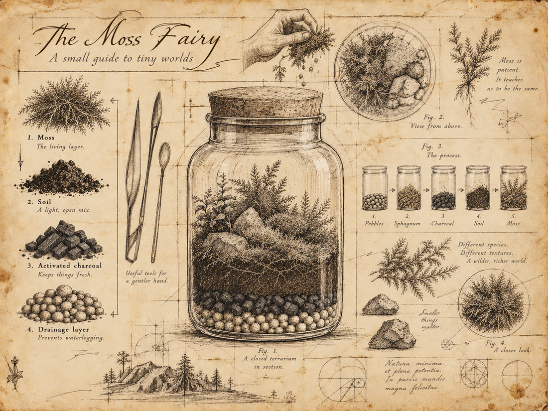 Hand-drawn vintage terrarium guide showing a closed moss terrarium and its layers: pebbles, sphagnum moss, activated charcoal, soil and live moss.