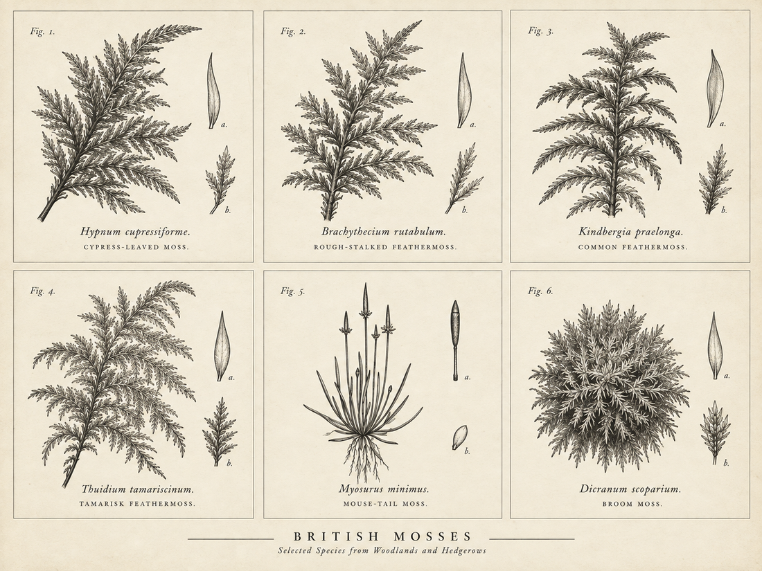 Vintage-style botanical illustration of six British mosses, including Hypnum, Brachythecium and Kindbergia feather mosses, arranged as detailed black line drawings in a Victorian specimen grid.