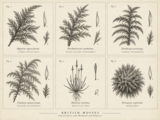 Vintage-style botanical illustration of six British mosses, including Hypnum, Brachythecium and Kindbergia feather mosses, arranged as detailed black line drawings in a Victorian specimen grid.