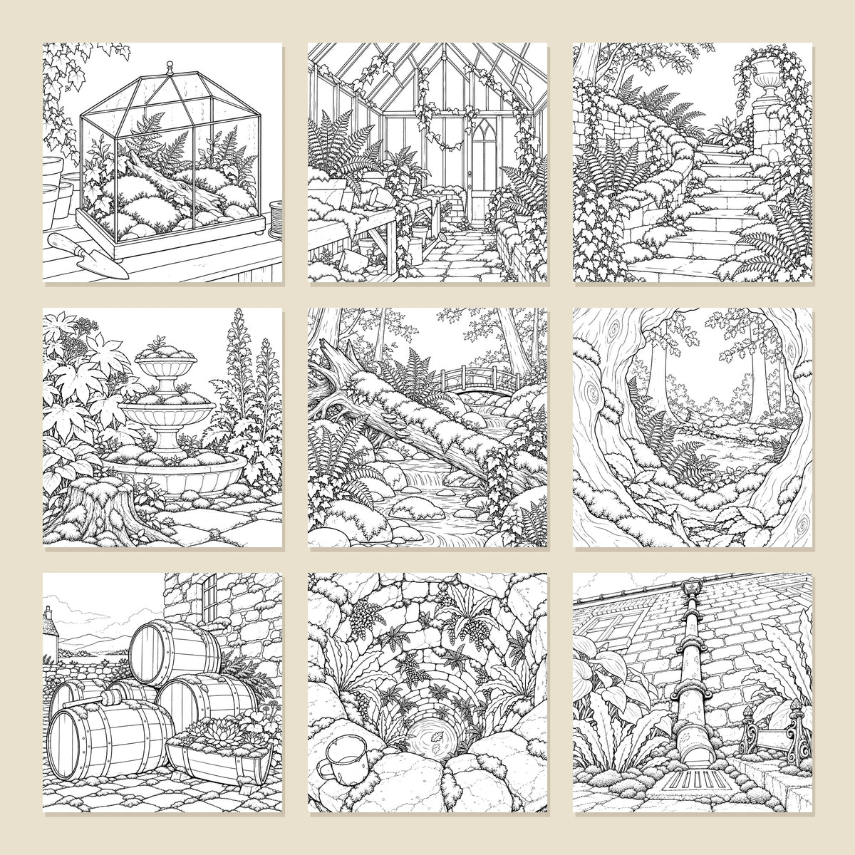 Nine colouring pages from the book, including a Wardian case, mossy stone steps, a garden fountain, a woodland footbridge, whisky casks and an old stone well