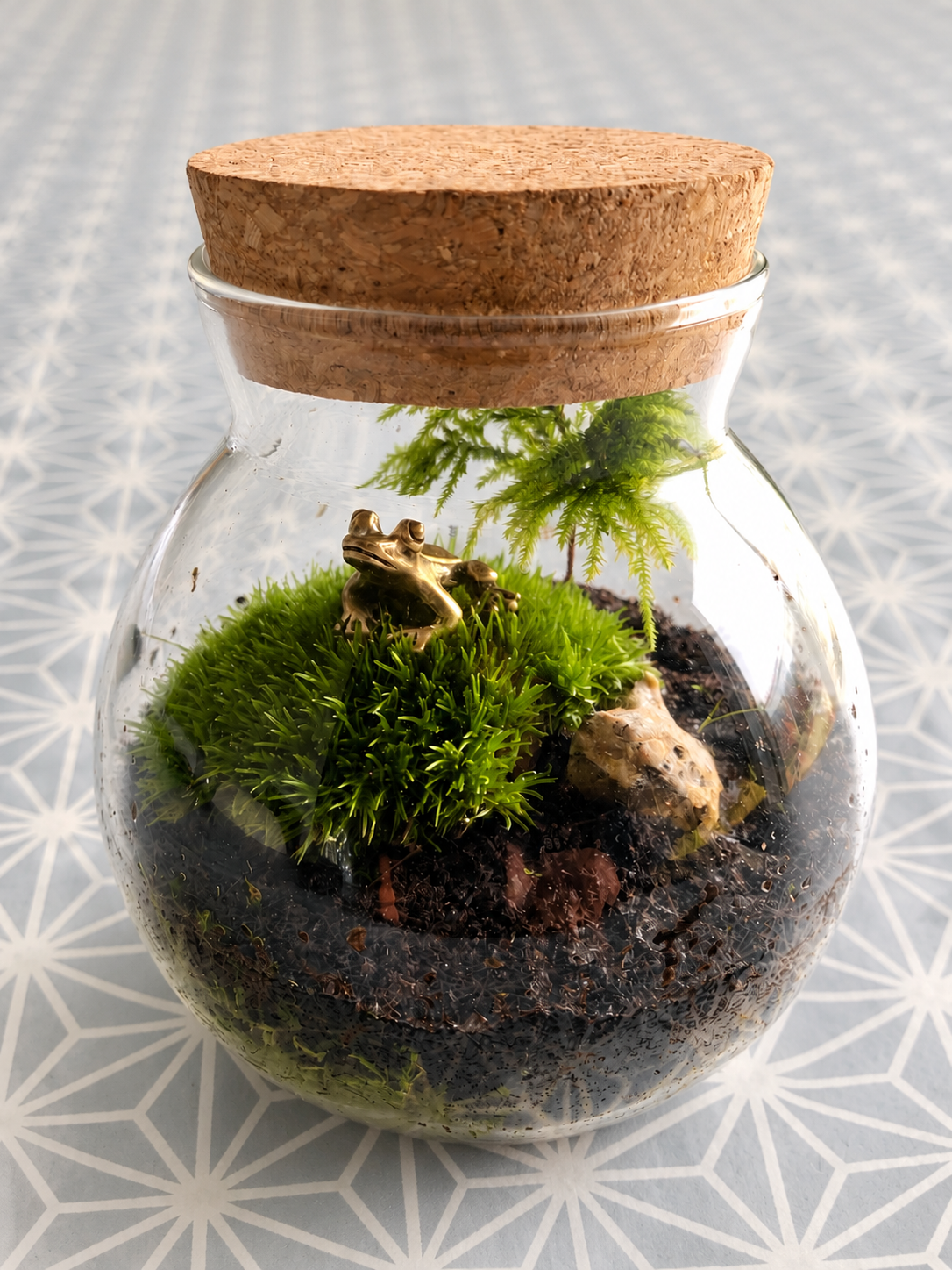 A miniature glass terrarium with a cork stopper, filled with dark soil, bright green moss, and a tiny brass frog figurine, set against a gray patterned background.