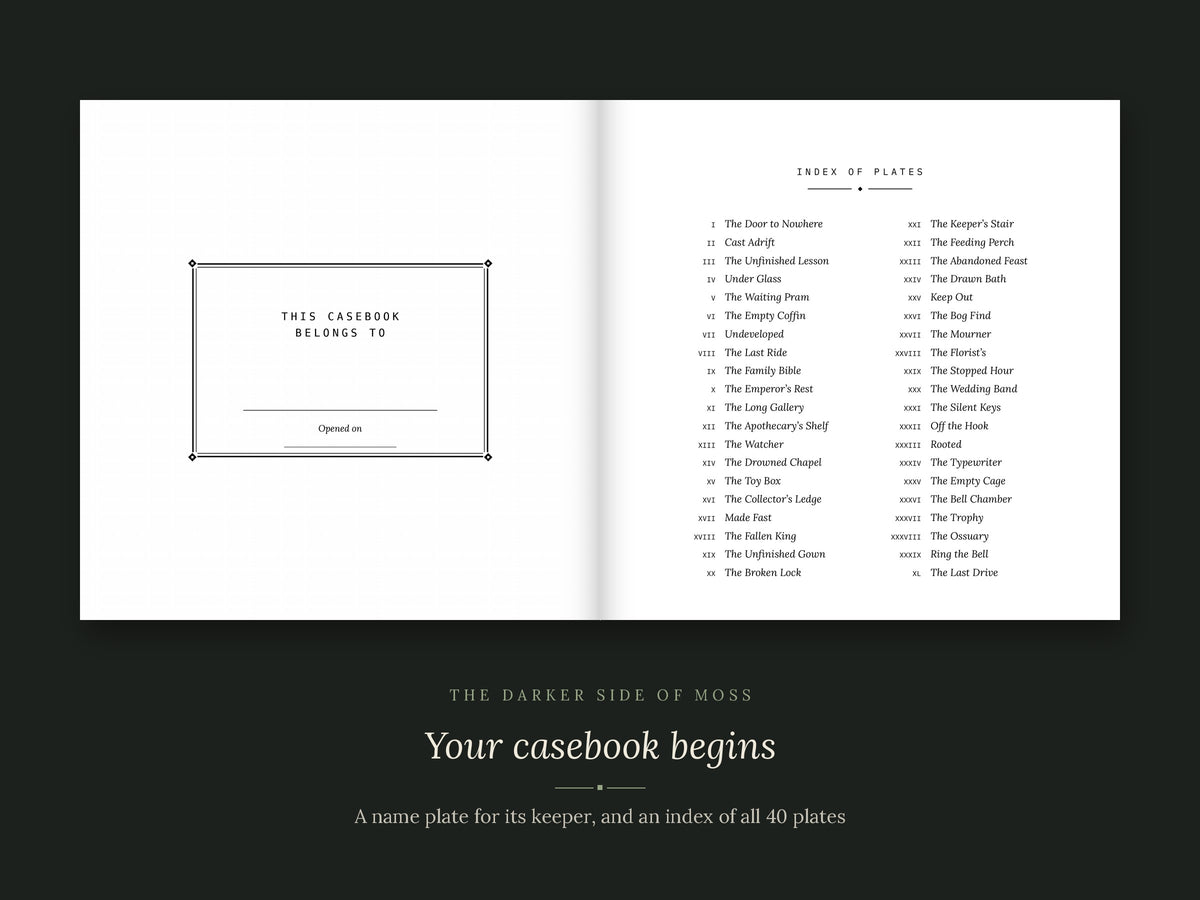 The Darker Side of Moss colouring book open to the "This casebook belongs to" name plate and the index of all 40 plates