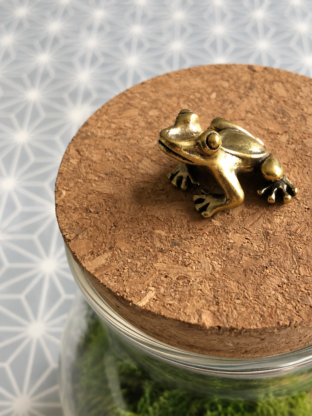 Brass Frog miniature on cork lid: Brass frog figurine sitting on the cork lid of a glass moss terrarium.