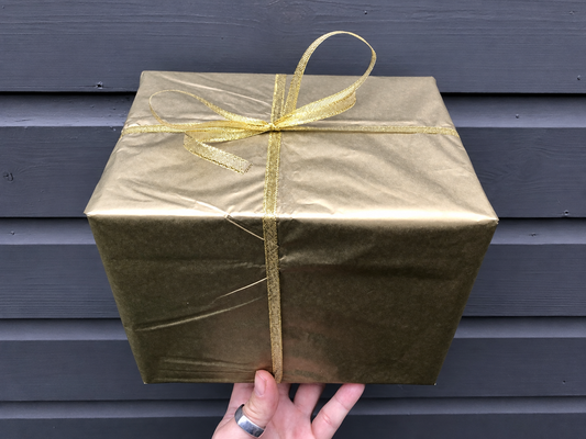 Terrarium kit wrapped in gold paper and ribbon, ready to give as a gift