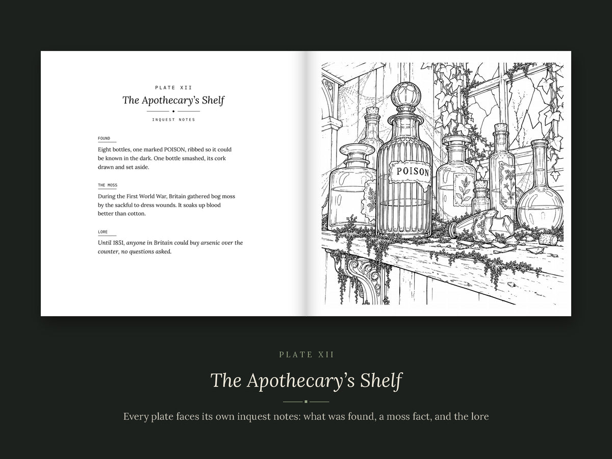 The Darker Side of Moss open to Plate XII, The Apothecary's Shelf: moss-covered poison bottles on a shelf, with inquest notes on the facing page