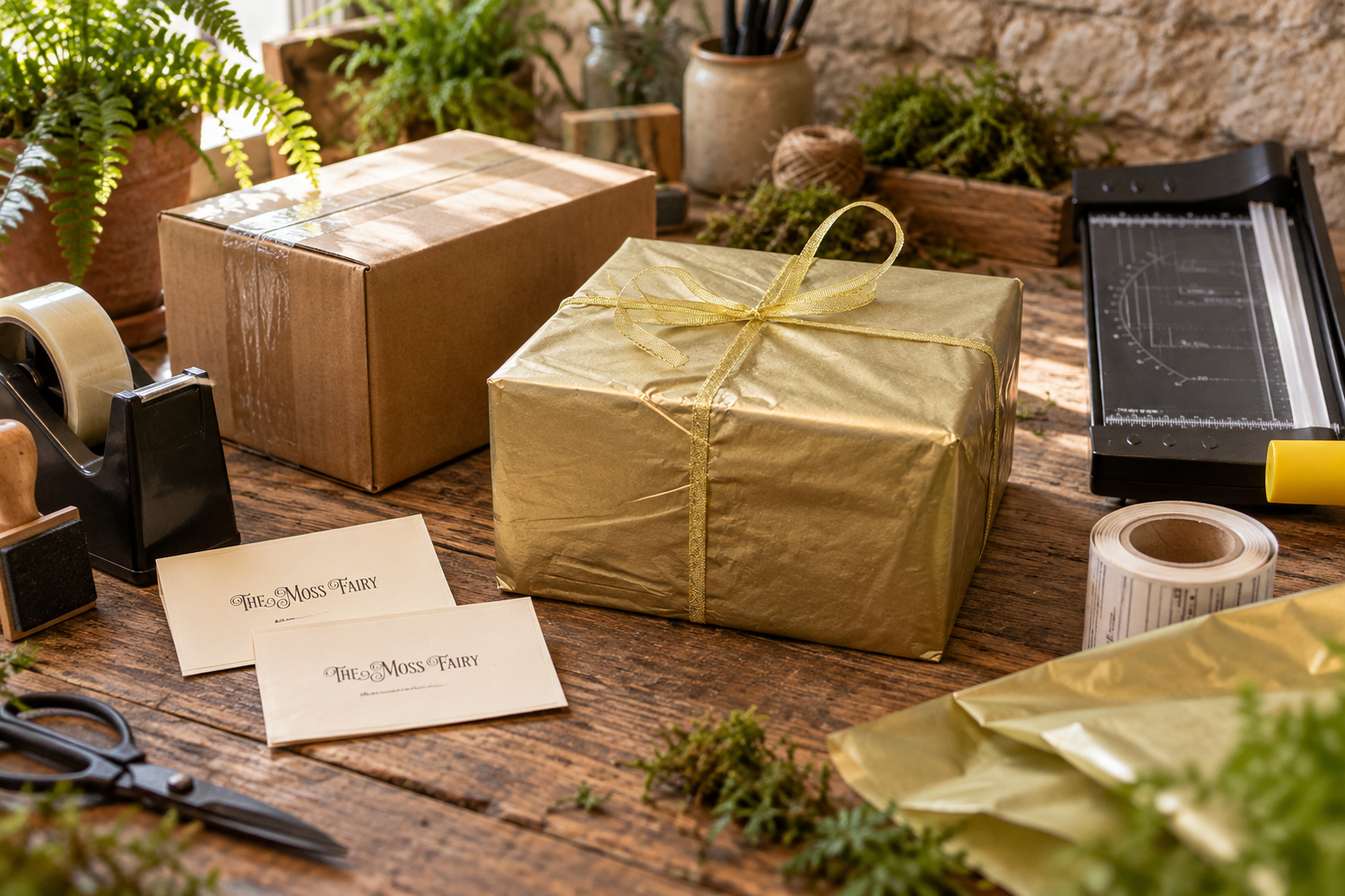 Orders being hand-packed for The Moss Fairy on a rustic wooden workshop table