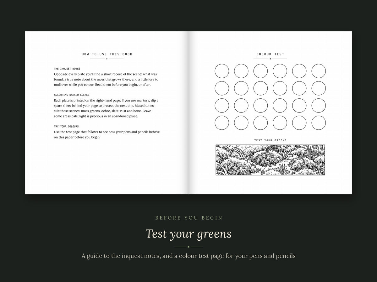 The Darker Side of Moss open to the How to Use This Book page and a colour test page with swatch circles for trying pens and pencils