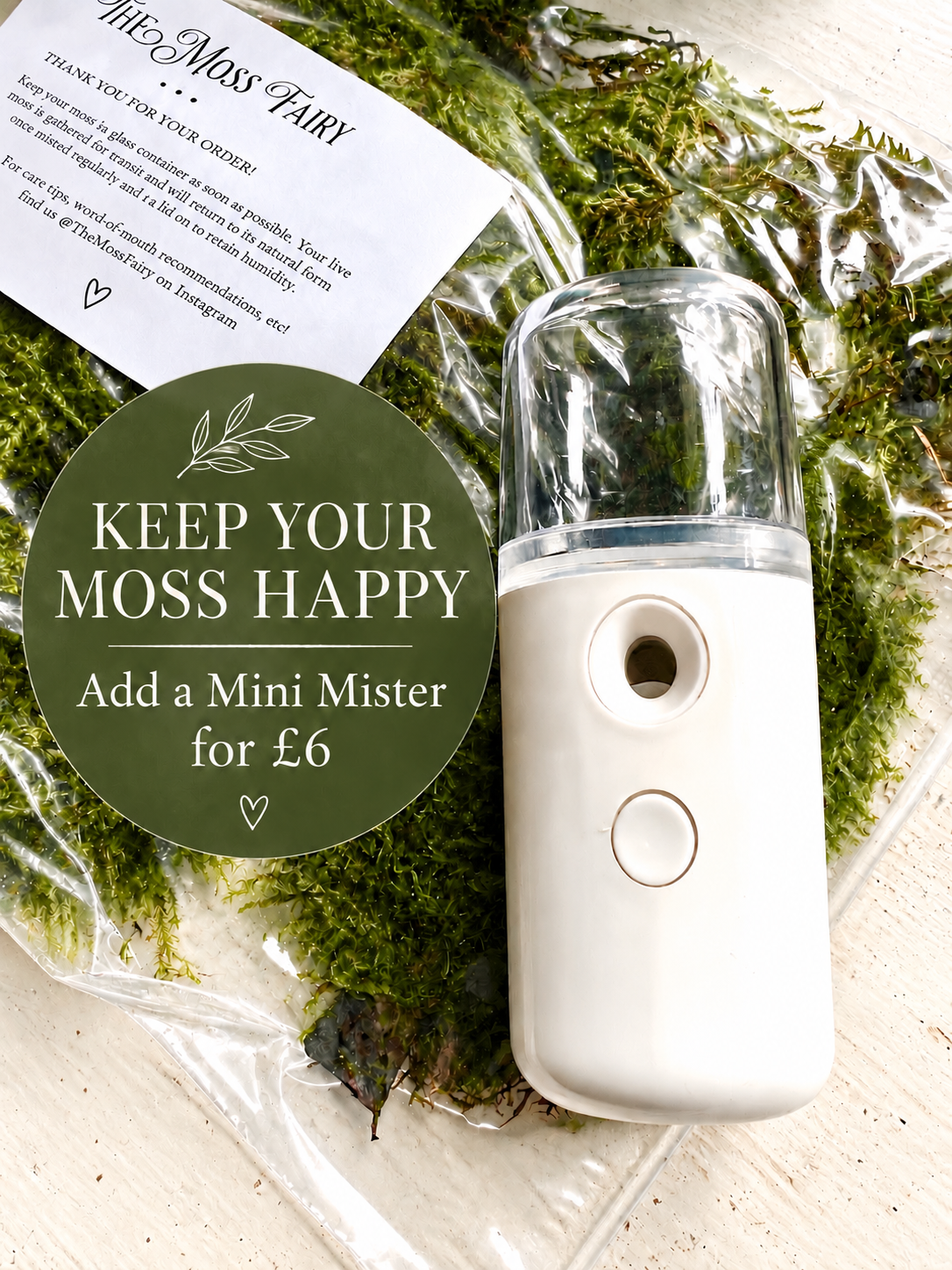 Live terrarium moss with optional rechargeable mini mister for keeping moss lightly misted