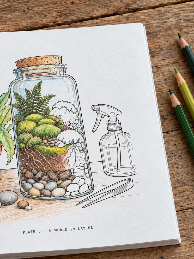Colouring book page of a moss terrarium in a jar, coloured in with pencils, showing green moss, fern, roots and pebbles, on a wooden table