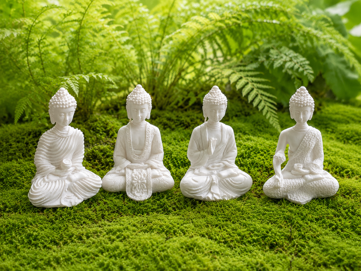 Four small white Buddha figurines in different seated poses, displayed together on lush green moss with soft fern foliage behind.