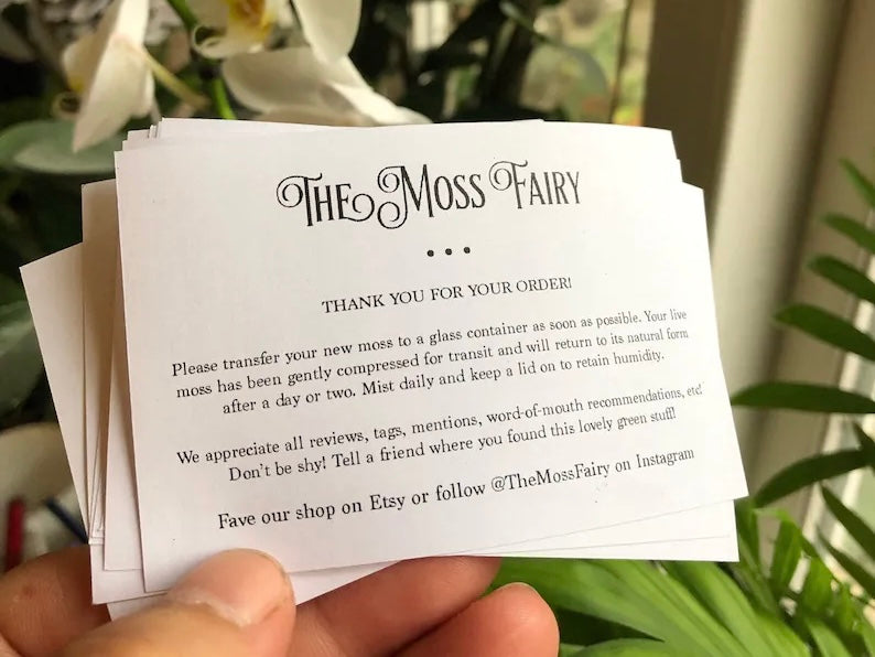 Thank you note from The Moss Fairy moss supply online store